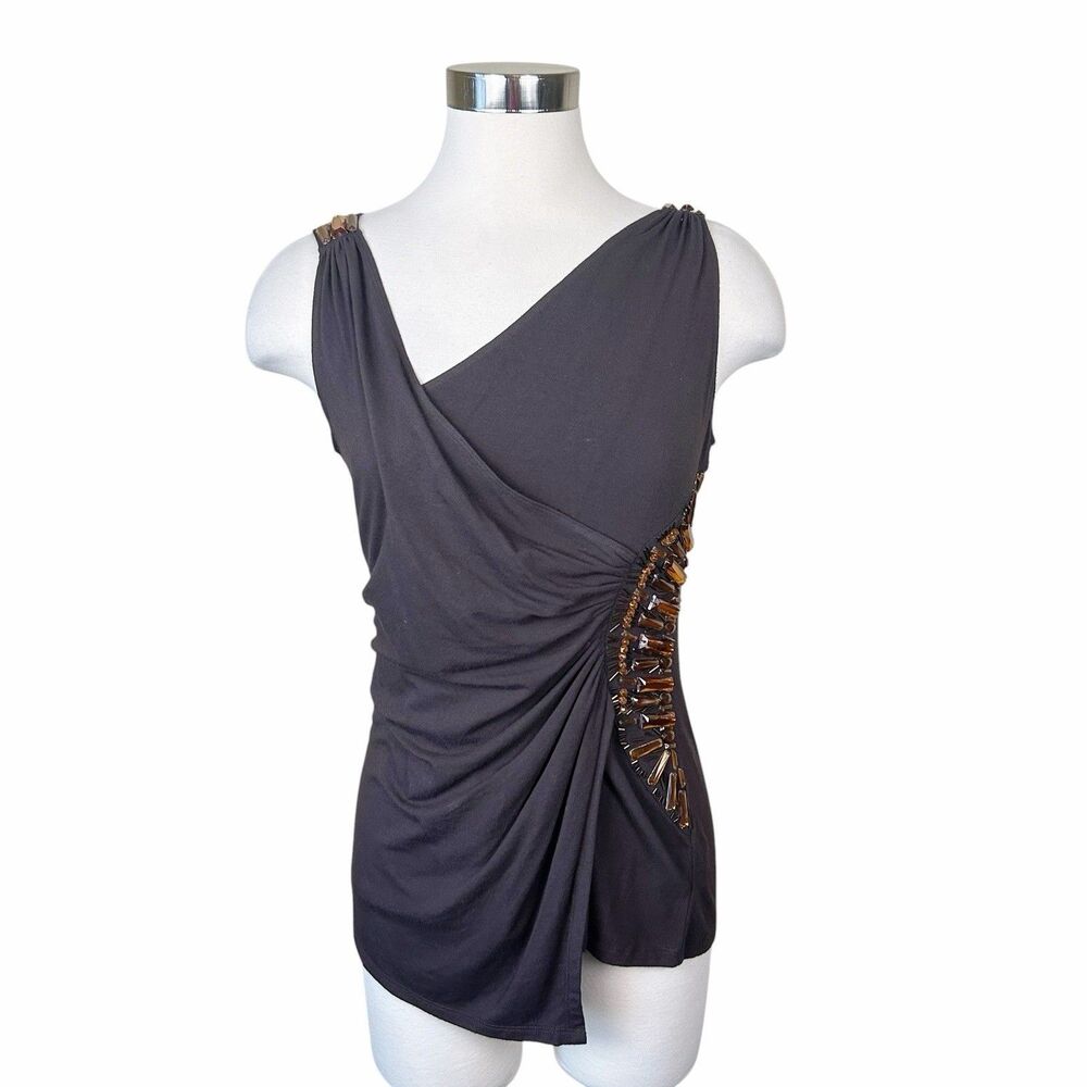 Y2K Cache Faux Wrap Side Ruched Brown Rhinestone Embellished Top Sz M
